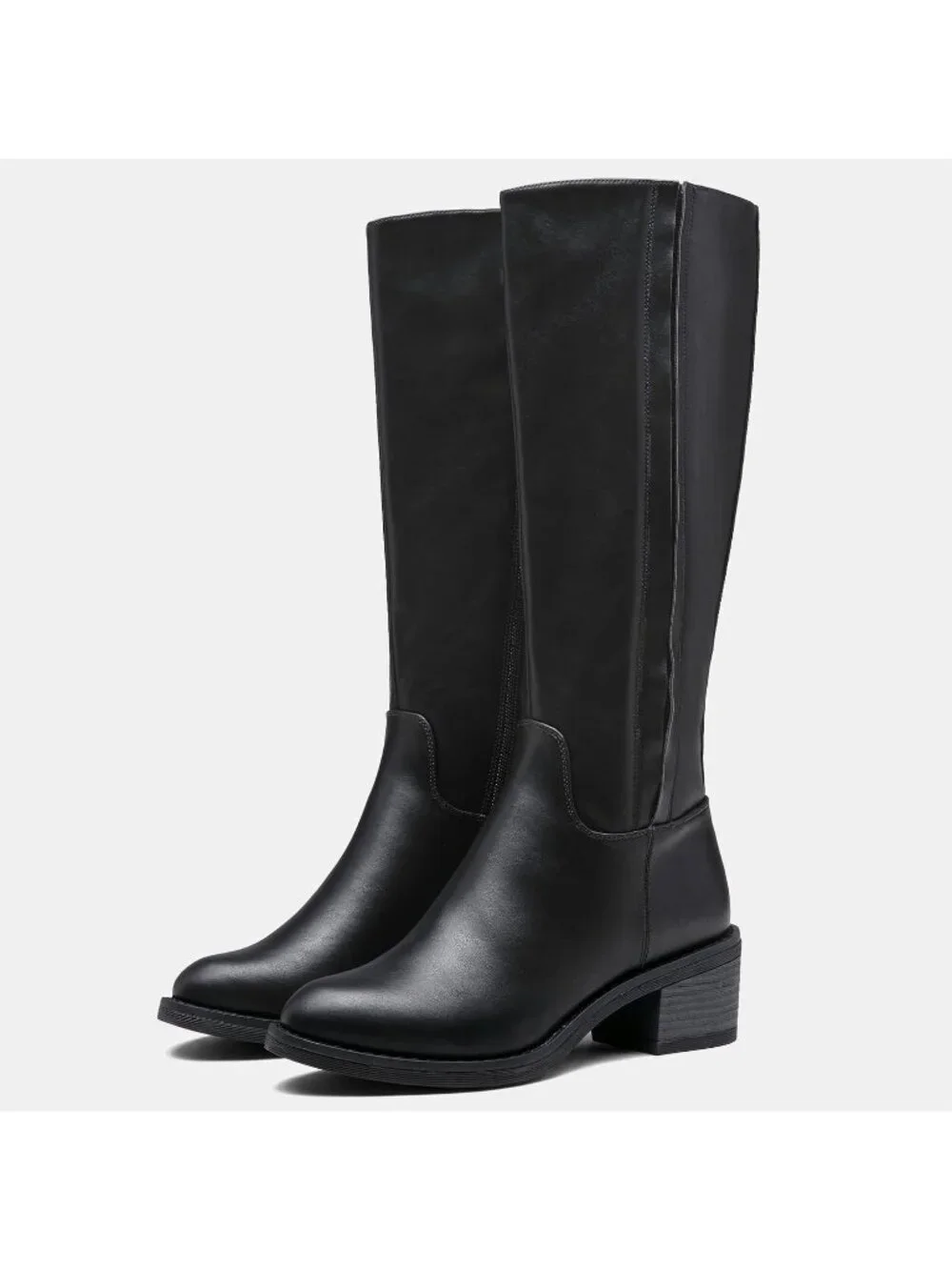 Women's Black Low Block Heel Square Toe Side Zipper Imported Knee High Boots